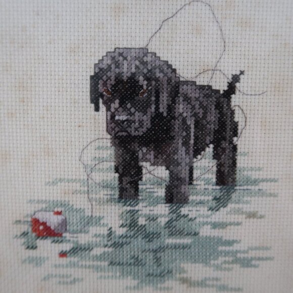 Black Labrador Puppy Dog with Fishing Bobber Framed Needlepoint Cross Stitch - Picture 3 of 5